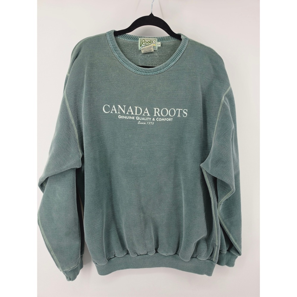 Vintage Roots Canada Mens Large Green Cotton Crewneck Sweatshirt Made in Canada